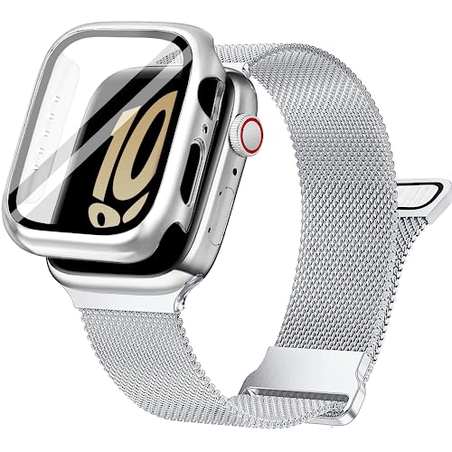 Ocaer Kompatibel mit Apple Watch Armband 41mm mit Hülle, Metall Magnetisch iWatch Armband mit Bildschirmschutz für 41mm Apple Watch Series 9 8 7, Edelstahl Milanese Loop (Silber, 41mm mit Hülle) von Ocaer