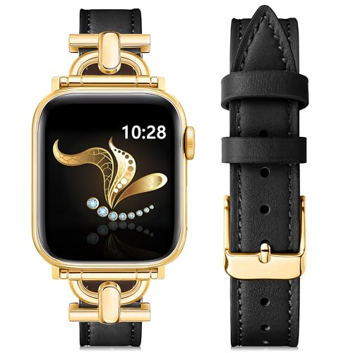 Ocaer Kompatibel mit Apple Watch Armband 42mm 41mm 40mm 38mm, Leder Metall Ersatz iWatch Armband für Apple Watch Series 10 9 8 7 6 5 4 3 2 1 SE, Elegant iWatch Band für Damen Frauen (Schwarz/Gold) von Ocaer