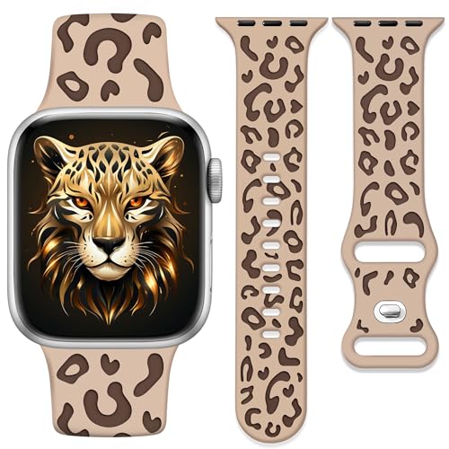 Ocaer Kompatibel mit Apple Watch Armband 42mm 41mm 40mm 38mm, Leopard Gravierte Weiches Silikon iWatch Armband für Apple Watch Series 10 9 8 7 6 5 4 3 2 1 SE, Leo Sport Band für Damen（Milchtee） von Ocaer