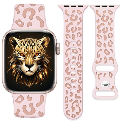 Ocaer Kompatibel mit Apple Watch Armband 42mm 41mm 40mm 38mm, Leopard Gravierte Weiches Silikon iWatch Armband für Apple Watch Series 10 9 8 7 6 5 4 3 2 1 SE, Leo Sport Band für Damen（Rosa&Rose Grau） von Ocaer