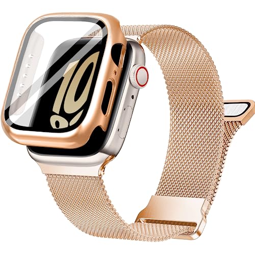 Ocaer Kompatibel mit Apple Watch Armband 45mm mit Hülle, Metall Magnetisch iWatch Armband mit Bildschirmschutz für 45mm Apple Watch Series 9 8 7, Edelstahl Milanese Loop (Rosegold, 45mm mit Hülle) von Ocaer