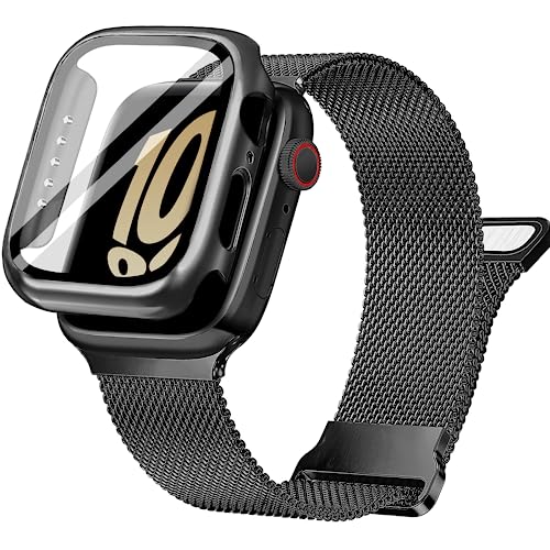Ocaer Kompatibel mit Apple Watch Armband 45mm mit Hülle, Metall Magnetisch iWatch Armband mit Bildschirmschutz für Apple Watch Series 9 8 7, Edelstahl Milanese Loop (Schwarz, 45mm mit Hülle) von Ocaer