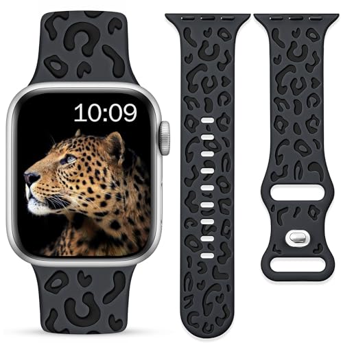 Ocaer Kompatibel mit Apple Watch Ultra 49mm 45mm 44mm 42mm, Leopard Gravierte Weiches Silikon iWatch Armband für Apple Watch Ultra 2/1 Series 9 8 7 6 5 4 3 2 1 SE, Sport Band für Damen（Schwarz） von Ocaer