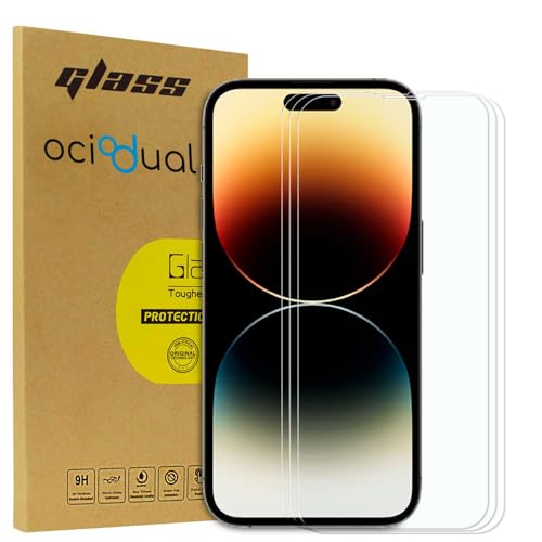OcioDual 3x Premium Glas Display Schutzfolie für iPhone 14 Pro, 2.5D 9H Härte Bildschirmschutz, HD Displayschutzfolie, Dicke 0.33mm, Stoßfest, Ultrabeständig Tempered Glass von OcioDual