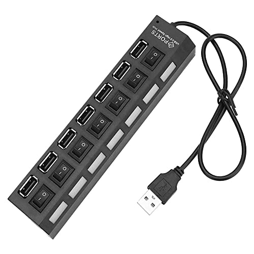 OcioDual USB 2.0 Hub 7 Port Datenhub Splitter mit Einzelnen Power Schalter und LEDs Schwarz Externer Verteiler Switch Tragbarer von OcioDual