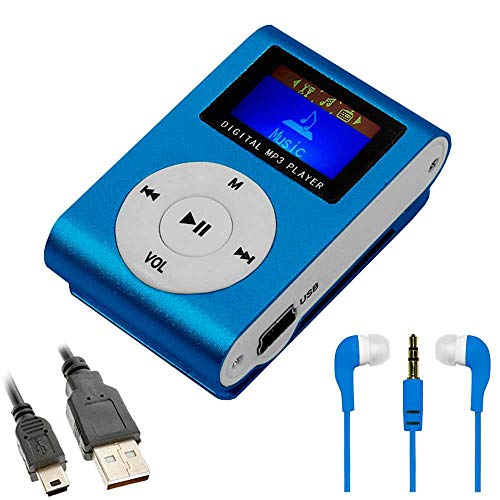 Ociodual Mp3 Player mit LCD Akku Mini Clip Musik Metall Micro SD Zubehörpaket blau Kabel von OcioDual