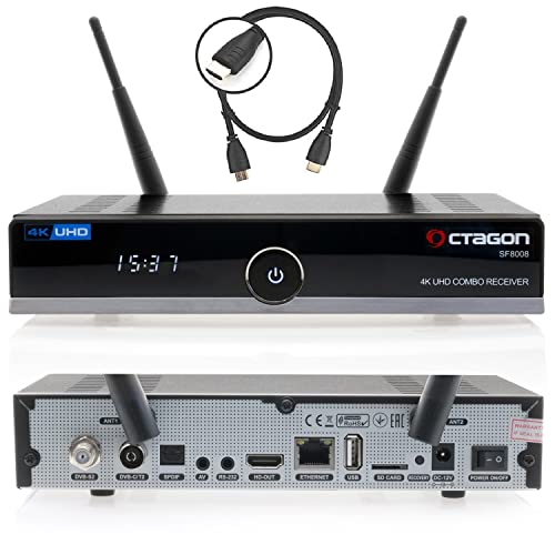 OCTAGON SF8008 4K Combo Receiver + HM-Sat HDMI Kabel, 2 Betriebssysteme: E2 Linux & Define OS, Sat- Kabel- DVB-T2 Receiver, PVR Aufnahmefunktion, Smart TV Streaming Box, Sat to IP, Mediathek, WiFi von Octagon