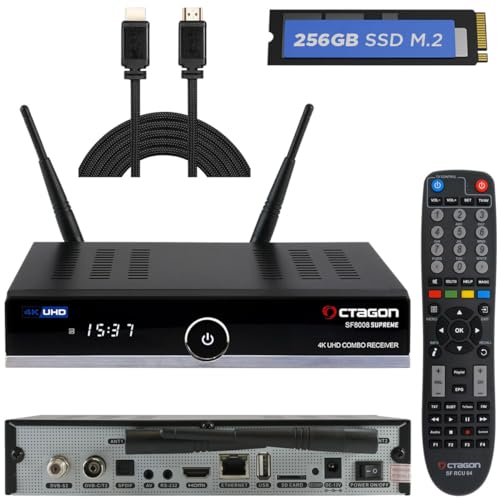 OCTAGON SF8008 4K Supreme Combo + 256GB Festplatte INTERN + NONIC HDMI Kabel, Sat- Kabel- & DVB-T2 Receiver, E2 Linux & Define OS, mit Aufnahmefunktion, M.2 M Key, Gigabit LAN, Sat to IP, WiFi von Octagon
