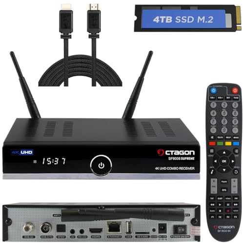 OCTAGON SF8008 4K Supreme Combo + 4TB Festplatte INTERN + NONIC HDMI Kabel, Sat- Kabel- & DVB-T2 Receiver, E2 Linux & Define OS, mit Aufnahmefunktion, M.2 M Key, Gigabit LAN, Sat to IP, WiFi WLAN von Octagon