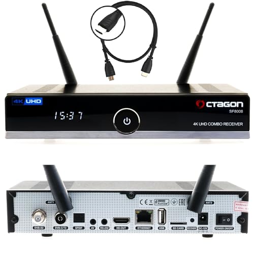 Octagon SF8008 UHD 4K Combo Receiver, Sat- Kabel- & DVB-T2 Receiver, E2 Linux & Define OS, DVB-S2X & T2C, mit PVR Aufnahmefunktion, Gigabit LAN, Kartenleser, Sat to IP, Multistream, H.265, WiFi von Octagon