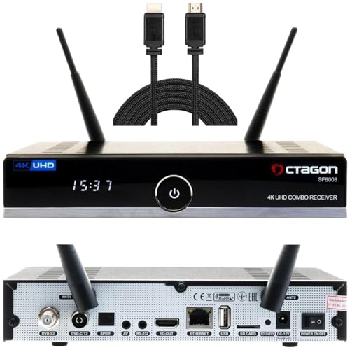 OCTAGON SF8008 UHD 4K Combo Receiver + NONIC HDMI Kabel, Sat- Kabel- & DVB-T2 Receiver, E2 Linux & Define OS, DVB-S2X & T2C, mit PVR Aufnahmefunktion, Gigabit LAN, Kartenleser, Sat to IP, WiFi von Octagon