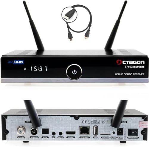 OCTAGON SF8008 UHD 4K Supreme Combo, Sat- Kabel- & DVB-T2 Receiver, E2 Linux & Define OS, mit PVR Aufnahmefunktion, M.2 M Key, Gigabit LAN, Kartenleser, Sat to IP, WiFi WLAN + HM-SAT HDMI Kabel von Octagon