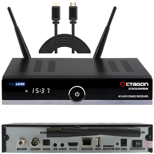 OCTAGON SF8008 UHD 4K Supreme Combo Receiver + NONIC HDMI Kabel, Sat- Kabel- & DVB-T2 Receiver, E2 Linux & Define OS, mit PVR Aufnahmefunktion, M.2 M Key, Gigabit LAN, Kartenleser, WLAN WiFi von Octagon