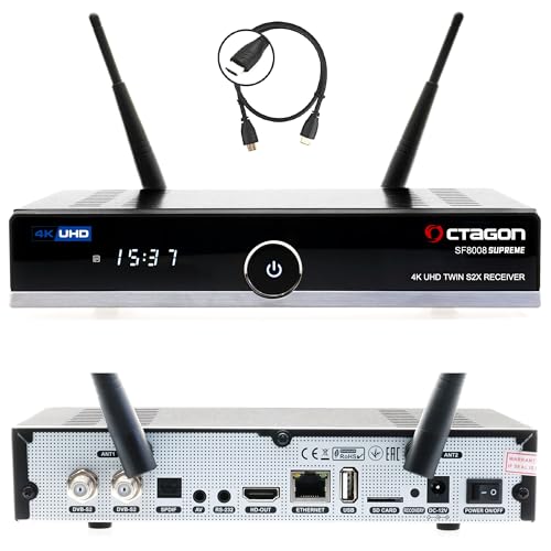 OCTAGON SF8008 UHD 4K Supreme Twin Sat Receiver, 2X DVB-S2X Tuner, E2 Linux & Define OS, mit Aufnahmefunktion, M.2 M Key, Gigabit LAN, Bluetooth, Kartenleser, Sat to IP, Multistream, WiFi WLAN von Octagon
