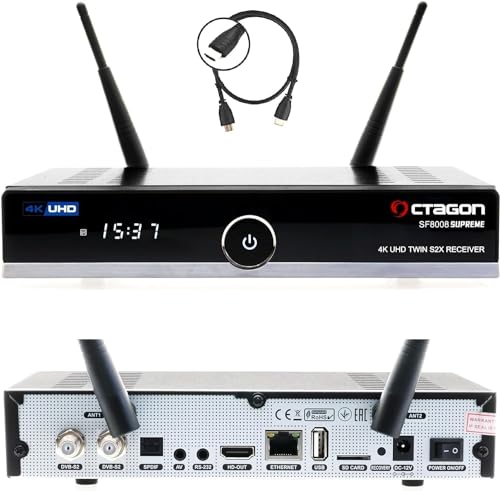 OCTAGON SF8008 UHD 4K Supreme Twin Sat Receiver, 2X DVB-S2X Tuner, E2 Linux & Define OS, mit PVR Aufnahmefunktion, M.2 M Key, Gigabit LAN, Kartenleser, Sat to IP, WiFi WLAN + HM-SAT HDMI Kabel von Octagon