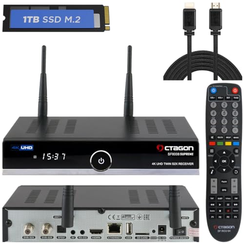 OCTAGON SF8008 UHD 4K Supreme Twin Sat Receiver + 1TB Festplatte INTERN + NONIC HDMI Kabel, 2X DVB-S2X Tuner, E2 Linux & Define OS, mit PVR Aufnahmefunktion, M.2 M Key, Gigabit LAN, WiFi WLAN von Octagon