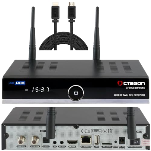 OCTAGON SF8008 UHD 4K Supreme Twin Sat Receiver + NONIC HDMI Kabel, 2X DVB-S2X Tuner, E2 Linux & Define OS, mit PVR Aufnahmefunktion, M.2 M Key, Gigabit LAN, Sat to IP, Kartenleser, WiFi WLAN von Octagon