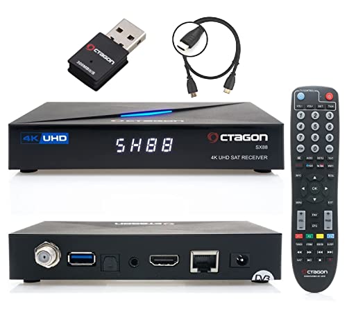Octagon SX88 4K Linux Sat Receiver + 300Mbit WiFi Stick + HM-SAT HDMI Kabel - mit PVR Aufnahmefunktion, Smart TV Streaming Box, Sat to IP, Unicable, Mediathek, YouTube, Internet Radio, Multistream von Octagon