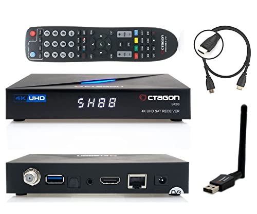 Octagon SX88 4K Linux Sat Receiver + 600Mbit WiFi Stick + HM-SAT HDMI Kabel - mit PVR Aufnahmefunktion, Smart TV Streaming Box, Sat to IP, Unicable, Mediathek, YouTube, Internet Radio, Multistream von Octagon