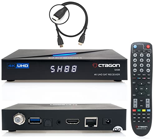 Octagon SX88 4K Linux Sat Receiver + HM-SAT HDMI Kabel, mit PVR Aufnahmefunktion, UHD Smart TV Streaming Box, to IP, Unicable, Mediathek, YouTube, Radio, HDR HLG Multistream Blindscan, schwarz von Octagon