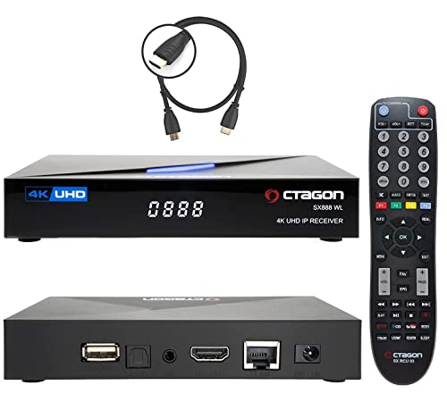 Octagon SX888 V2 WL 4K Smart TV Box + HM-SAT HDMI Kabel, 2 Betriebssystemen: Define OS + E2 Linux, mit PVR Aufnahmefunktion, Sat to IP Receiver, Mediathek, YouTube WebRadio, Multiboot, WiFi WLAN von Octagon