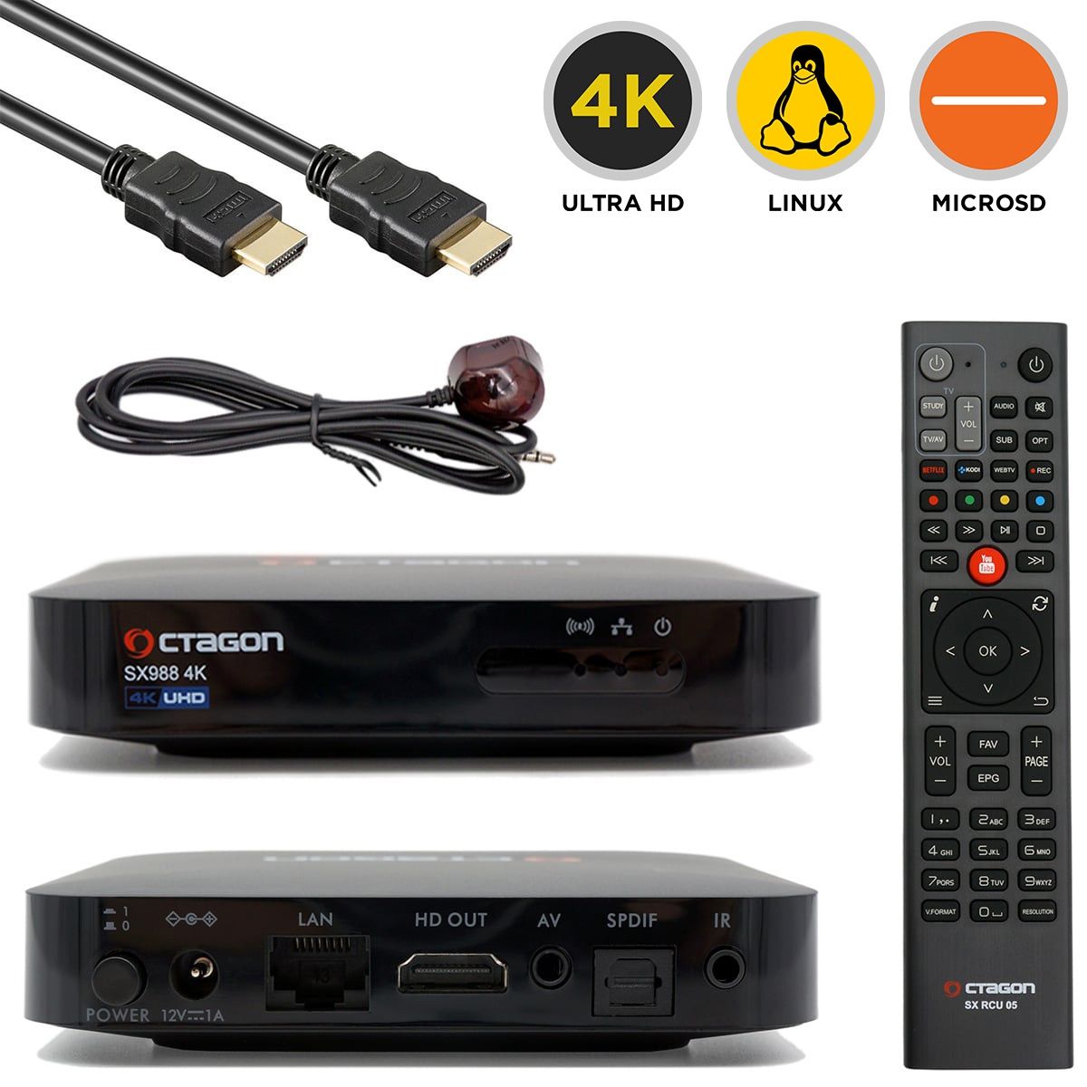 Octagon SX988 4K UHD Linux E2 IP-Receiver 2160p, H.265, LAN, HDMI, USB, IP-Mediaplayer, schwarz von Octagon