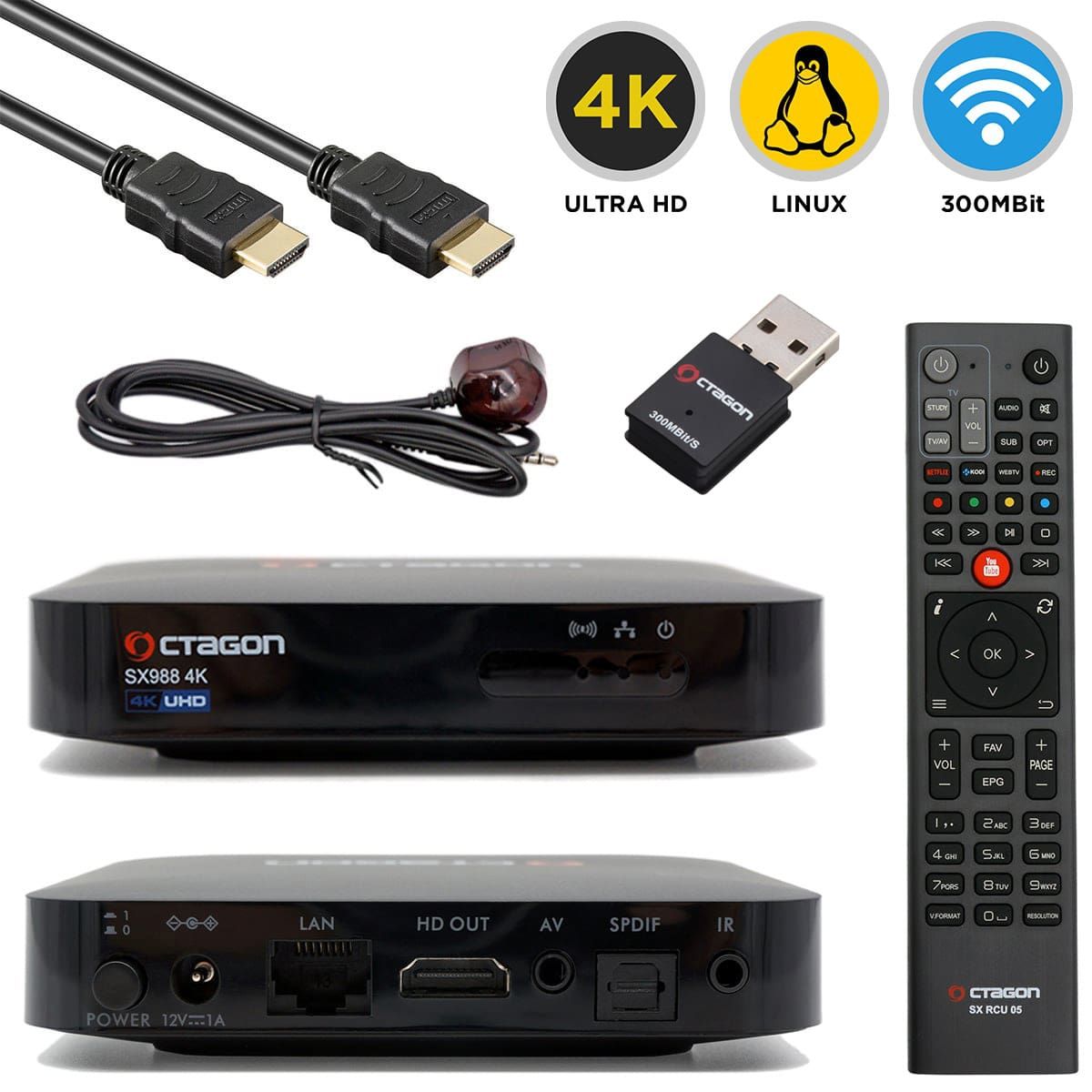 Octagon SX988 4K UHD Linux E2 IP-Receiver mit 300 MBit/s WLAN Stick H.265, LAN, HDMI, USB von Octagon