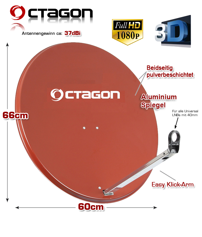 Octagon Sat Antenne Satspiegel Aluminium Click System Ziegelrot 65cm von Octagon