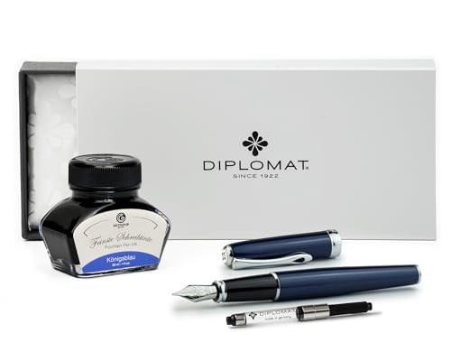 Diplomat Excellence A2 Midnight Blue Chrom, Füllfederhalter mit Schreibtinte und Konverter, Füller mit Edelstahlfeder Stärke M, Füllhalter-Set von Octopus