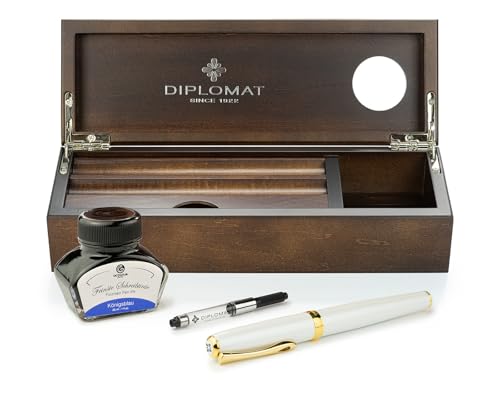 Diplomat Excellence A2 Perlmutt Gold, Edelstahlfeder M, Füllhalter-Set mit Füllertinte im Tintenglas, Tintenkonverter und Stifteablage aus Holz - Wenge, Schreibset von Octopus