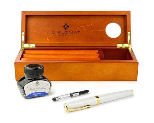 Diplomat Excellence A2 Perlmutt Gold, Edelstahlfeder M, Füllhalter-Set mit Füllhaltertinte im Tintenglas, Tintenkonverter und Stifteablage aus Holz, Schreibset von Octopus