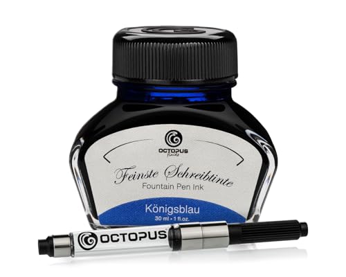 Octopus Fluids Füllhaltertinte im Tintenglas inklusive Konverter, Schreibtinte für Füllhalter, Füllertinte in Königsblau löschbar 30ml mit Tintenkonverter von Octopus