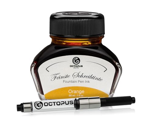 Octopus Fluids Füllhaltertinte im Tintenglas inklusive Konverter, Schreibtinte für Füllhalter, Füllertinte in Orange 30ml mit Tintenkonverter von Octopus