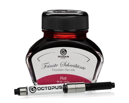 Octopus Fluids Füllhaltertinte im Tintenglas inklusive Konverter, Schreibtinte für Füllhalter, Füllertinte in Rot 30ml mit Tintenkonverter von Octopus