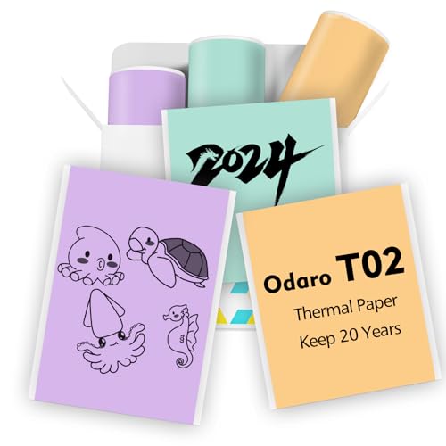 Odaro Thermopapier, T02 Mini Drucker papier, Aufkleber-Druckerpapier 20 Jahre lang schwarz auf weißem Klebepapier 50mm x3,5m, 3 Rollen in Box，Cyan/Violett/Orange von Odaro