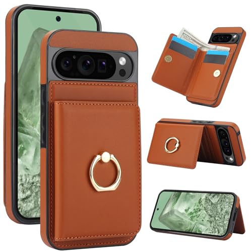 Handyhülle für Google Pixel 9 Pro / Google Pixel 9 [RFID Schutz] Hülle PU Leder Klappbare Geldbeutel mit 360° Drehbarer Ring Halter Ständer Schutzhülle Wallet [Kartenfach] Handytasche Case - Braun von Oduio