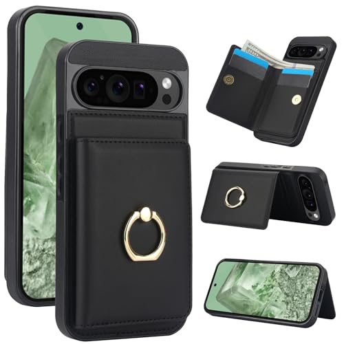 Handyhülle für Google Pixel 9 Pro / Google Pixel 9 [RFID Schutz] Hülle PU Leder Klappbare Geldbeutel mit 360° Drehbarer Ring Halter Ständer Schutzhülle Wallet [Kartenfach] Handytasche Case - Schwarz von Oduio