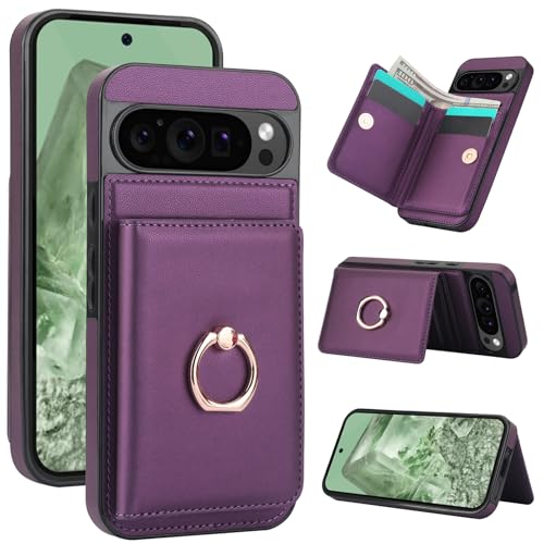 Handyhülle für Google Pixel 9 Pro / Pixel 9 [RFID Schutz] Hülle PU Leder Klappbare Geldbeutel mit 360° Drehbarer Ring Halter Ständer Schutzhülle Wallet [Kartenfach] Handytasche Case - Dunkelviolett von Oduio