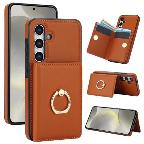 Handyhülle für Samsung Galaxy S24 FE 5G 2024 [RFID Schutz] Hülle PU Leder Klappbare Geldbeutel mit 360° Drehbarer Ring Halter Ständer Schutzhülle Wallet [Kartenfach] Handytasche Case Cover -Braun von Oduio