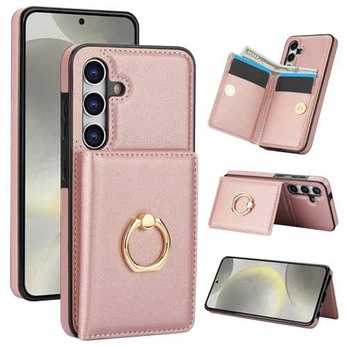 Handyhülle für Samsung Galaxy S24 FE 5G 2024 [RFID Schutz] Hülle PU Leder Klappbare Geldbeutel mit 360° Drehbarer Ring Halter Ständer Schutzhülle Wallet [Kartenfach] Handytasche Case Cover - Rosa von Oduio
