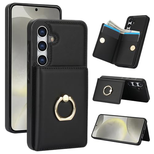 Handyhülle für Samsung Galaxy S24 FE 5G 2024 [RFID Schutz] Hülle PU Leder Klappbare Geldbeutel mit 360° Drehbarer Ring Halter Ständer Schutzhülle Wallet [Kartenfach] Handytasche Case Cover - Schwarz von Oduio
