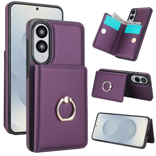 Handyhülle für Samsung Galaxy S25 Edge 5G [RFID Schutz] Hülle PU Leder Klappbare Geldbeutel mit 360° Drehbarer Ring Halter Ständer Schutzhülle Wallet [Kartenfach] Handytasche Case Cover -Dunkelviolett von Oduio
