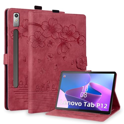 Hülle für Lenovo Tab P12 2023 12.7 Zoll (TB370FU) Premium PU Leder Schutzhülle mit Stiftschlaufe Multi-Viewing Standfunction Folio Cover mit Kartenschlitz und Magnetverschluss - Rot von Oduio