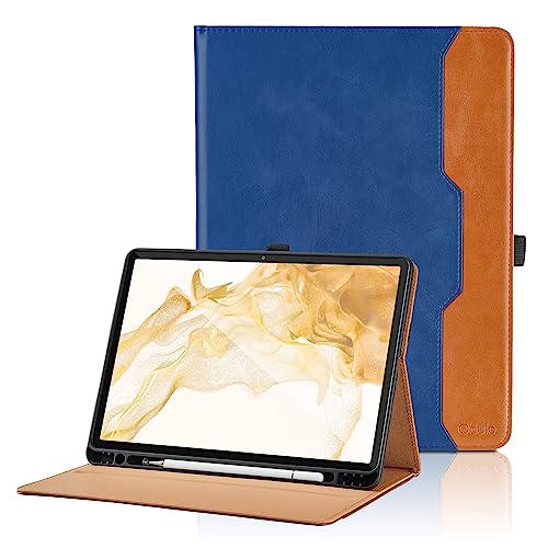 Hülle für Samsung Galaxy Tab S8 Plus 2022/Tab S7 FE 2021/Tab S7 Plus 2020 12.4 Zoll PU Leder Schutzhülle mit Tasche und Stifthalter, Auto Schlaf/Aufwach Funktion mit Stand Funktion - Blau von Oduio