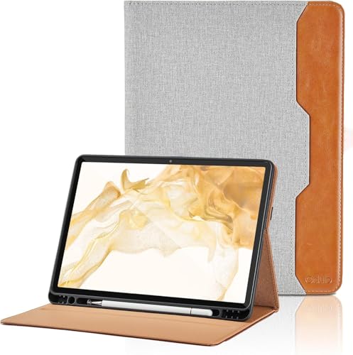 Hülle für Samsung Galaxy Tab S8 Plus 2022/Tab S7 FE 2021/Tab S7 Plus 2020 12.4 Zoll PU Leder Schutzhülle mit Tasche und Stifthalter, Auto Schlaf/Aufwach Funktion mit Stand Funktion - Grau von Oduio