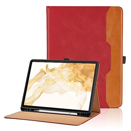 Hülle für Samsung Galaxy Tab S8 Plus 2022/Tab S7 FE 2021/Tab S7 Plus 2020 12.4 Zoll PU Leder Schutzhülle mit Tasche und Stifthalter, Auto Schlaf/Aufwach Funktion mit Stand Funktion - Rot von Oduio