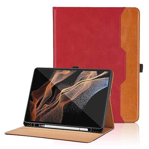 Hülle für Samsung Galaxy Tab S8 Ultra 14.6 Zoll 2022 (SM-X900/X906), Business PU Leder Schutzhülle mit Stifthalter, Multi-Winkel Ansehen Folio Case Dokumentschlitze und Auto Schlaf/Wach - Rot von Oduio