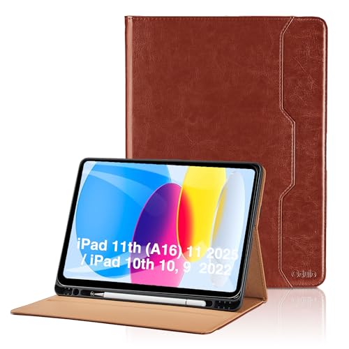Hülle für iPad 11th Generation (A16) 11 Zoll 2025/ iPad 10th Generation 10, 9 Zoll 2022 Leder Schutzhülle mit Tasche und Stifthalter, Auto Schlaf/Aufwach Funktion Smart Cover mit Stand Funktion-Braun von Oduio