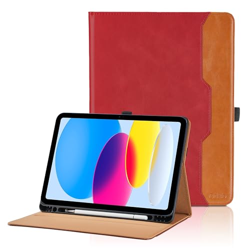Hülle für iPad 10. Generation 2022 10, 9 Zoll Leder Schutzhülle mit Tasche und Stifthalter, Auto Schlaf/Aufwach Funktion Smart Cover mit Stand Funktion für iPad 10th Gen 10.9'' - Rot von Oduio
