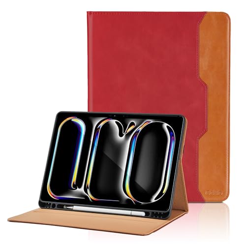 Hülle für iPad Pro 11 Zoll Hülle M4 2024 PU Leder Schutzhülle mit Tasche und Stifthalter, Auto Schlaf/Aufwach Funktion Smart Cover mit Stand Funktion - Rot von Oduio